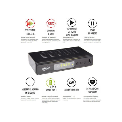 Digiquest kahe tuuneriga vastuvõtja DVB-T2 HEVC H.265 kiibistik, kahekordne maapealne tuuner, Full HD FTA, USB, HDMI, SCART, Ethernet LAN RJ-45, programmeeritav kaugjuhtimispult, must, metall