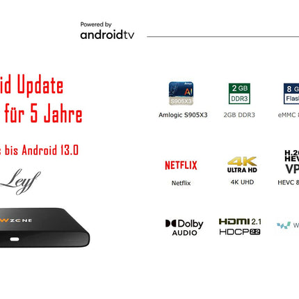 Leyf 4K Android TV Box originaallitsentsiga, mille on litsentseerinud Google LLC ja Netflix, Disney, Prime Video WiFi, Type-C, HDMI 2.1, USB 3.0, Ethernet, MicroSD/miniklaviatuur/nutiterv, Chromecast, YouTube