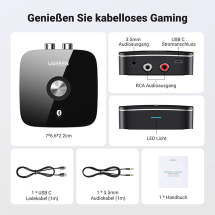 UGREEN Bluetooth 5.1 aptX HD heliadapter stereosüsteemile, madala latentsusega traadita vastuvõtja RCA pistikupesaga, kahekordne sidumine mobiiltelefoni, tahvelarvuti jne-ga. Bluetooth-vastuvõtja kõlarite, võimendite jaoks.