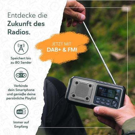 Acta Berg väntraadio DAB+/FM | Hädaabiraadio vända ja 5000 mAh akuga | Päikeseenergial töötav raadio äratuskellaga | Käsivändaga pimendav hädaabivarustus | Taskulamp ja laadija | SOS