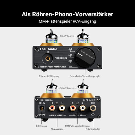 Fosi Audio BOX X2 fonotoruga eelvõimendi, HiFi eelvõimendi MM-plaadimängijatele võimenduse regulaatoriga, vahetatav vaakumtoru, MM/3,5 mm AUX-sisend, mini fonotoruga eelvõimendi DC 12V toiteplokiga