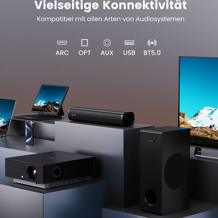 Teleri heliriba subwooferiga, arvutile, mängudele, 2.1 kanalit MEVOSTO 2025, täiustatud teleri heliriba, sügav bass, arvuti helisüsteem, BT 5.3/USB/HD-ARC/optiline/AUX bass ja kõrged toonid, reguleeritav, kodukino
