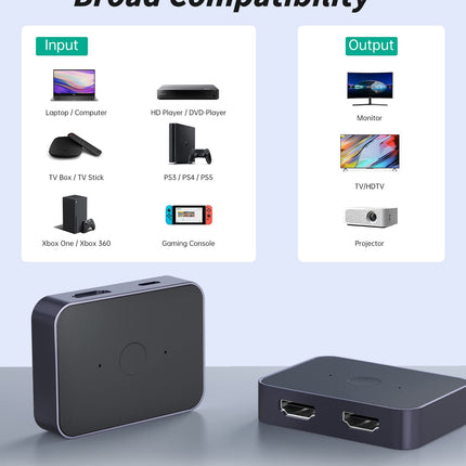 HDMI-lüliti 8K@60Hz 4K@120Hz, lüliti 2 sisendit 1 väljund, HDMI 2.1 lüliti toetab 8K@60Hz, HDCP 2.2/2.3, 48Gbps, 3D, HDR, HDTV/monitori/kaasaskantavate konsoolimängude/PS5/Xboxi jaoks