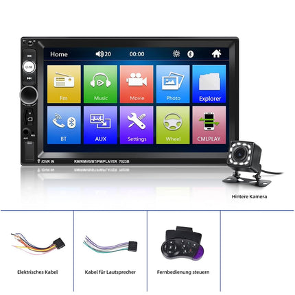 NHOPEEW kahe DIN-iga raadio, mis toetab Androidi/iPhone'i Mirror Linki, 2 DIN-i ja 7-tollise puutetundliku ekraaniga autoraadio Bluetooth-vabakäesüsteemiga, kahe USB-, SD- ja AUX-pesaga, roolil juhtimisega ja tahavaatekaameraga.
