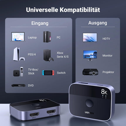 UGREEN HDMI-lüliti 8K@60Hz 4K@144/120/60Hz, alumiiniumist 2 sisse- ja 1 välja/1 sisse- ja 2 välja lüliti PS5/PS4/Xboxi/TV Boxi/Blu-ray mängija/DVD-mängija/projektori/monitori/sülearvuti jaoks