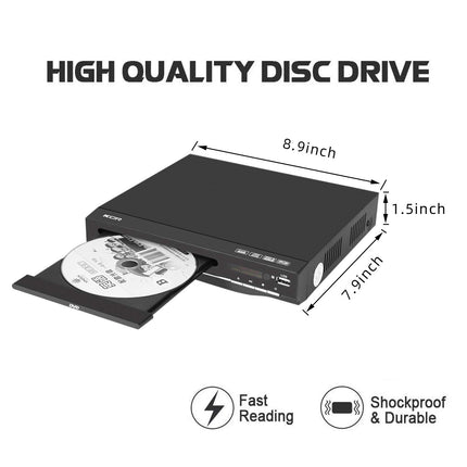 DVD player for TV, DVD/CD/MP3/MP4, with USB port, HDMI output and AV (HDMI and AV cables included), remote control (without Blu-Ray), color: black, region-free