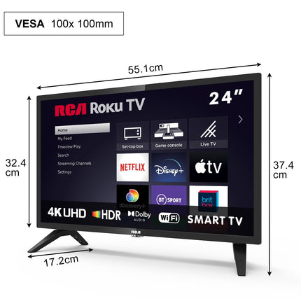 RCA nutiteler 24-tolline (60 cm) WiFi-teler Roku TV HD-valmidusega kolmekordse tuuneriga, App Store, Prime Video, Netflix, YouTube, DAZN, Disney+, RK24HF1