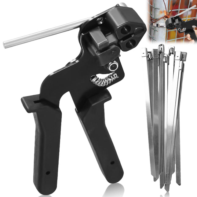 Cable tie tool, cable tie pliers, cable tie gun with 100 stainless steel cable ties 200mm x 4.6mm, cable tie pliers, cable tie gun for locking and cutting cable ties metal