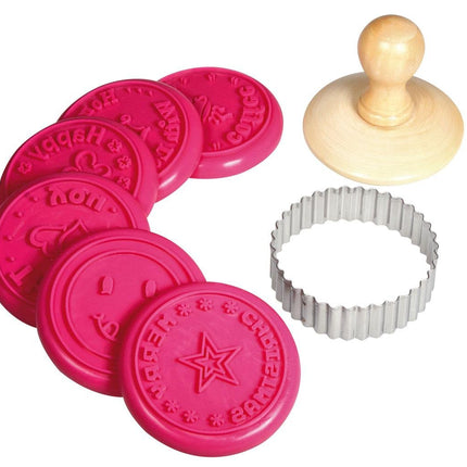 Rayher Hobby 28858000 küpsisetemplite komplekt, 8 osa, 1 templi käepide, 1 lõikerõngas, 6 silikoonist templipead 7 cm ø, küpsisevorm, ümmargune, roosa