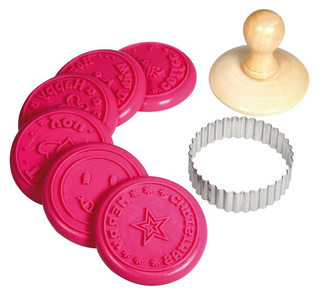 Rayher Hobby 28858000 küpsisetemplite komplekt, 8 osa, 1 templi käepide, 1 lõikerõngas, 6 silikoonist templipead 7 cm ø, küpsisevorm, ümmargune, roosa