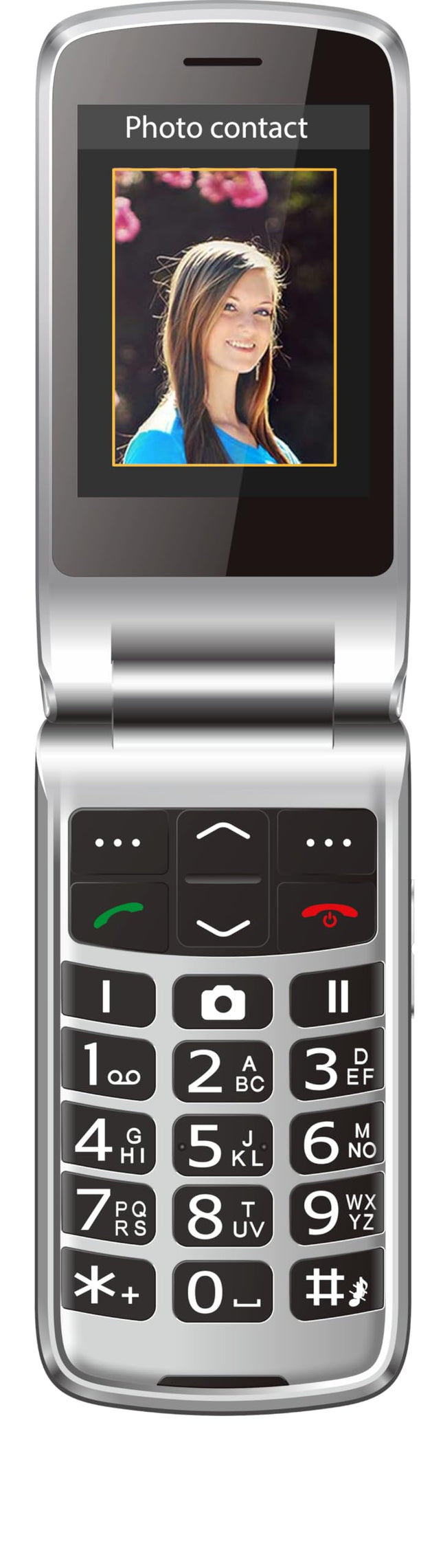 beafon, SL645, Silverline, suurte nuppudega telefon, seenioride mobiiltelefon SOS-hädaabikõne nupuga, klapiga telefon, XXL siseekraan 2,8" (7,11 cm) / XXL värviline välisekraan 1,77" (4,49 cm), 3,0 MP kaamera, hõbedane