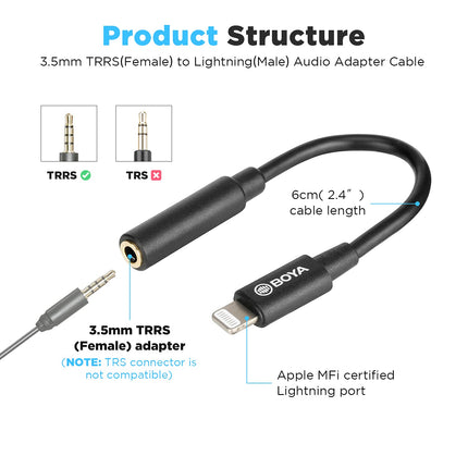 BOYA Lightning - 3,5 mm kõrvaklapipesa adapter, MFi TRRS emane - Lightning audiopesa adapter, ühildub iPhone 13/12 Mini/12 Pro/11/11 Pro/11 Pro Max/SE/X XR XS 8 7-ga