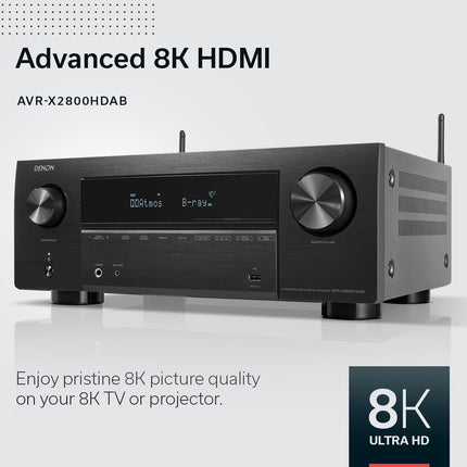 Denon AVR-X2800HDAB 7.2-kanaliga AV-ressiiver, HiFi võimendi Dolby Atmose, DTS:X, 6 HDMI sisendi ja 2 väljundiga, 8K HDMI, Bluetooth, DAB, Wi-Fi, AirPlay 2, HEOS Multiroom, Alexa ühilduv, must