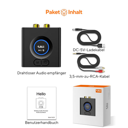 1Mii Bluetooth 5.0 vastuvõtja, Bluetooth-audioadapter muusika voogedastussüsteemi jaoks, traadita audioadapter 3,5 mm RCA-ga kõlarite ja stereosüsteemi jaoks, bassirežiim, 12 tundi mänguaega
