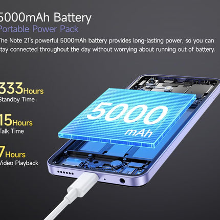 Ulefone Note 21 Android 14 nutitelefon ilma lepinguta, 8 GB RAM + 128 GB ROM, 6,56'' HD+ suur ekraan, 13MP + 8MP, kahe SIM-kaardiga mobiiltelefon, 5000mAh aku, sõrmejälje- ja näotuvastus, GPS, lilla