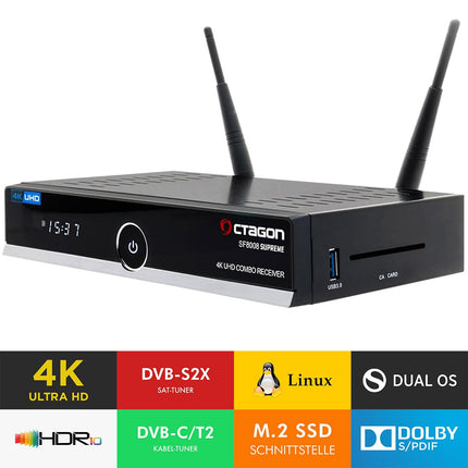 OCTAGON SF8008 UHD 4K Supreme kombovastuvõtja + NONIC HDMI-kaabel, satelliit-, kaabel- ja DVB-T2-vastuvõtja, E2 Linux ja Define operatsioonisüsteem, PVR-salvestusfunktsiooniga, M.2 M-võti, gigabiti LAN, kaardilugeja, WLAN WiFi