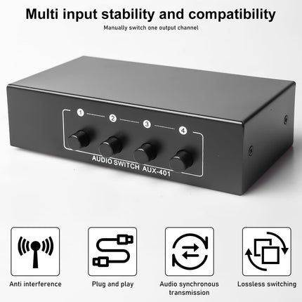 Helilüliti, helilüliti 4 sisendit ja 1 väljundit, helilüliti 3,5 mm Aux + RCA L/R, kahesuunaline helilüliti, heli valikukast, video- ja helijaotur kõrvaklappidele, fono, kõlarid