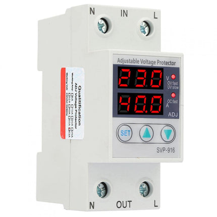 Undervoltage protection device, voltage current protector, 230VAC intelligent single-phase adjustable overvoltage undervoltage current protector, DIN rail installation, for power supply systems (63A)