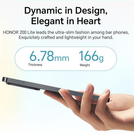 HONOR 200 Lite 5G nutitelefon 8+256GB, kolmekordne kaamera 108MP+5MP+2MP, MediaTek 6080, 6,7-tolline AMOLED ekraan, 3420Hz PMW hämardus, 4500mAh/kaks SIM-kaarti/NFC/GPS, MagicOS 8.0/Android 14 (saksakeelne versioon, must)