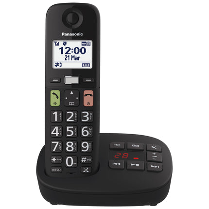 Panasonic KX-TGU130EXB digital cordless phone with answering machine, base station &amp; 1 handset, LCD display, large buttons, favorites button, hearing aid compatible, black