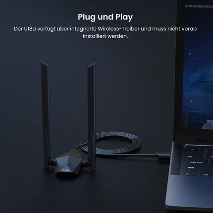 Tenda U18a WiFi 6 WLAN Stick WLAN USB-adapter (AX1800 kahesageduslik 5 GHz: 1201 Mbps + 2,4 GHz: 574 Mbps) 2 * 5dBi antenni, WPA3, USB 3.0, MU-MIMO, LED, toetab Windows 10/11, arvuti/sülearvuti/lauaarvuti jaoks