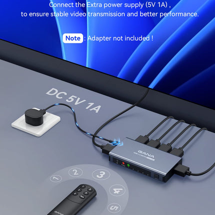 HDMI jaotur 5 sisendit, 1 väljund 4K @ 60Hz, GANA HD MI lüliti puldiga, ühildub PS5/4/3 Xbox Switchi, Roku TV ja Fire Stickiga