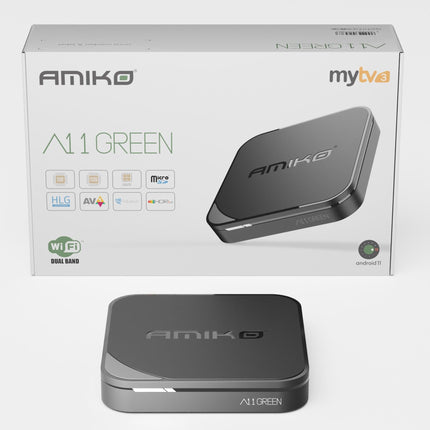 AMIKO A11 roheline 4K UHD Android 11 teleriboks, kahesageduslik WiFi WLAN, HDR10+, HLG, 2 GB muutmälu ja 16 GB välkmälu, teleri vastuvõtja, Bluetooth 4.0, My TV3, SD-kaardi pesa, USB 2.0 ja 3.0, HEVC, infrapunaliides