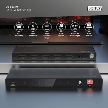 DIGITUS Splitter HDMI 1x4 8K/60Hz Toslink, Stereo, EDID Contr.