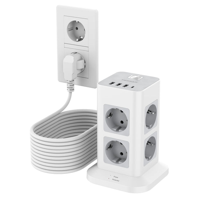 TESSAN 8-suunaline pikendusjuhe USB C ja 3 USB A pistikuga, 10M pikenduskaabel, pikendusjuhe ülepingekaitsega, mitu pistikut lülitiga koduseks kasutamiseks, võimsusmast 3600W