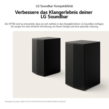 LG SPT8-S tagumiste kõlarite komplekt, tagumiste kõlarite komplekt heliribadele, 100 W võimsus ja 2.0 kanalit, võimas ruumiline heli, ruumisäästlik disain, must