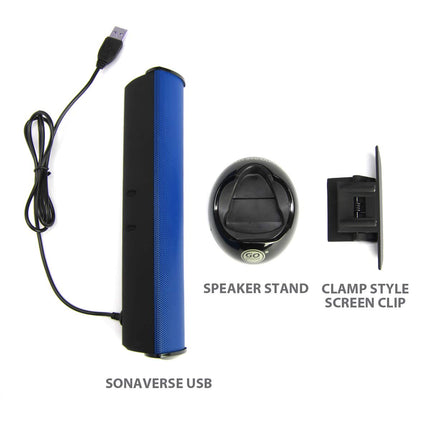 GOgroove SonaVERSE arvuti heliriba sülearvutitele - USB-toitega minikõlar kaasaskantava välise klambriga kõlari disainiga monitorile, ÜKS kaabel heli ja toite jaoks (sinine)