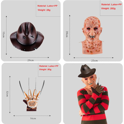 Yearsahrk Freddy Kruegeri kostüüm, 4-osaline õudusunenäo kostüüm, triibuline kampsun, hirmutav mask, kinnas küünisega, kauboi müts, halloweeni cosplay täiskasvanutele (suur)