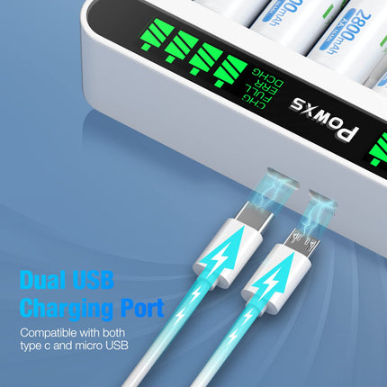 POWXS akulaadija 4 AA ja 4 AAA patareiga, 8 pesaga akulaadija LCD-ekraaniga, laetavad AA ja 4 AAA akud, kiirlaadija NI-MH NI-CD AA/AAA akude jaoks, USB ja C-tüüpi sisend