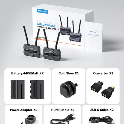 Lemorele juhtmevaba HDMI saatja ja vastuvõtja 2 * 4400mAh akuga, 200M FHD juhtmevaba videoülekande komplekt HDMI silmusega, toetab 1TX kuni 4RX otseülekande, filmimise ja fotograafia jaoks