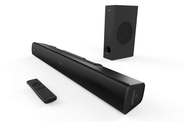 Creative Stage V2 2.1 heliriba subwooferiga, selge dialoog ja Sound Blasteri ruumiline heli, Bluetooth 5.0, TV ARC, optiline ja USB-heli, seinale kinnitatav, bassi ja kõrgete helide reguleerimine, teleri jaoks