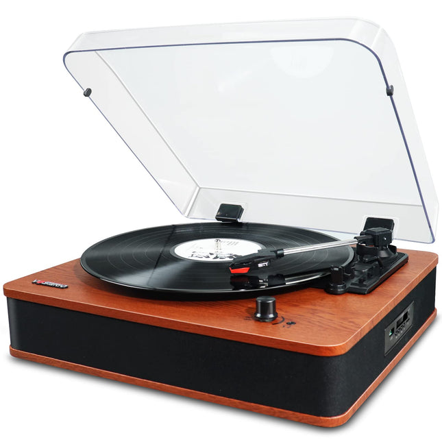 VOSTERIO Record Player, Bluetooth Record Player with Built-in HiFi Stereo Speakers, Vintage 3 Speeds Vinyl to MP3/FM Radio/USB/TF/Aux-In/RCA/LED Display