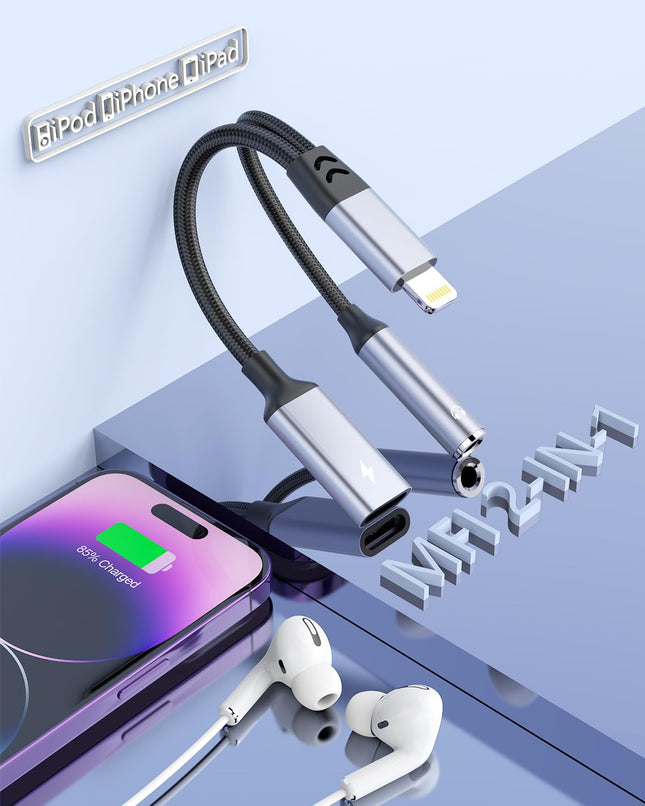 【Apple MFi sertifitseeritud】 2-ühes Lightning - 3,5 mm kõrvaklapipesa adapter iPhone'ile ja laadijale, kõrvaklappide muundur, jagaja, tugi muusikale + laadimine + HiFi + mikrofon + juhtimine iPhone'ile