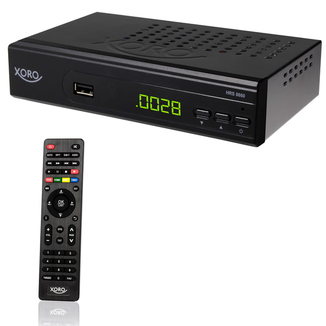 XORO HRS 8659 - digitaalne DVB-S2 HDTV satelliitvastuvõtja, HDMI ja SCART ühendus, toetab Unicable'i, digitaalset heliväljundit, USB 2.0 meediapleierit