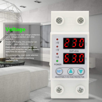 Overcurrent protection, AC230V 63A voltage current protection, single-phase overvoltage protection, 230V-300V adjustable, DIN rail installation