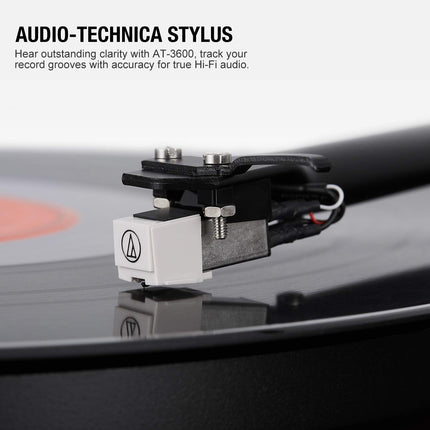 1 by ONE HiFi Bluetooth plaadimängija USB-ühendusega, MM-süsteem, 33/45 p/min, automaatne seiskamine ja fono-eelvõimendi, rihmülekandega vinüülplaadimängija kahe kõlariga
