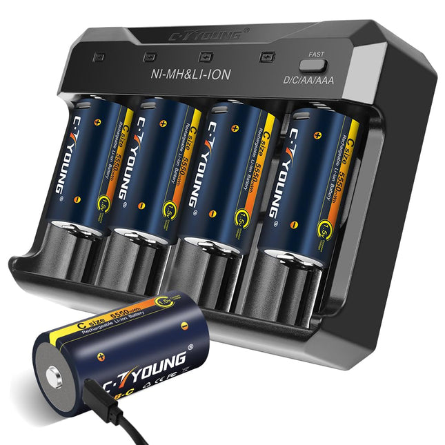 Rechargeable C Battery 4-pack Rechargeable C Battery 1.5 Volt USB Lithium 5500mWh with Universal Battery Charger Batteries for All Batteries AA AAA CD