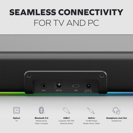CREATIVE Sound Blaster GS5 RGB mängurikõlar SuperWide tehnoloogiaga, adapteri toega, tippvõimsus kuni 60 W, Bluetooth 5.4, optiline sisend, kõrvaklapiväljund, arvuti ja teleri jaoks