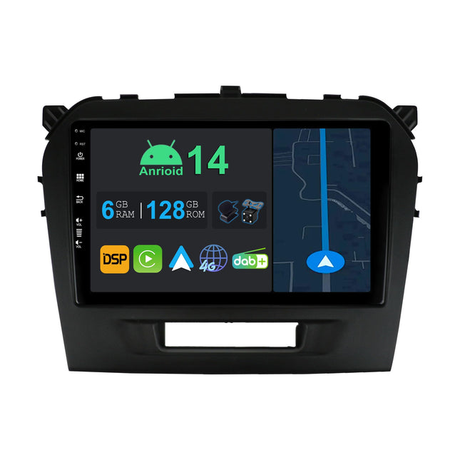 YUNTX 9-tolline Android 14 autoraadio navigatsiooniga Suzuki Vitarale 2014-2020 | Octa Core | 6 GB 128 GB | Sisseehitatud 4G LTE | CarPlay ja Android Auto | DSP | DAB | QLED | Kahesageduslik WiFi | Bluetooth 5.0