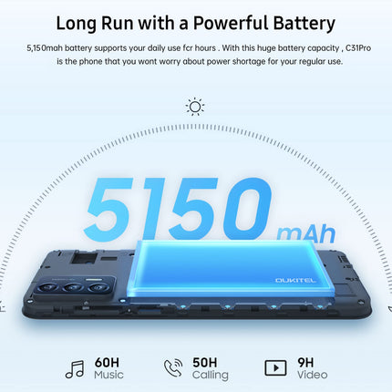 OUKITEL Android 12 Smartphone without Contract C31 PRO, 4GB+64GB, DUAL SIM+SD (3 Card Slots), Helio P22 Qcta-Core Budget Phone, 5150mAh Battery, 6.52'' HD+, 5MP+13MP Camera, Fingerprint Blue