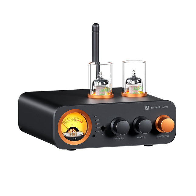 Fosi Audio MC331 Tube Integrated Amplifier with DAC, 2 Channel Home Stereo Audio Amplifier for HiFi Bookshelf Speakers/3.5mm Headphones, Retro VU Meter Preamplifier with Bluetooth and USB/Opt/Coax/RCA