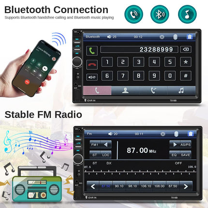 Podofo 2-DIN autoraadio Bluetoothiga, kahe DIN-iga 7-tolline puutetundlik autostereo MP5-mängija koos peegliühendusega iOS-ile/Androidile, FM-raadio, roolil juhtimine, USB/TF/AUX sisend + 7-värviline nupp