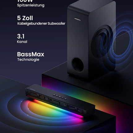 MEREDO heliriba teleritele, subwooferiga, 3.1 kanaliga arvutimängude heliriba, RGB heli sünkroniseerimisvalgus, BT 5.3/HD-ARC/optiline/AUX/USB teleri kõlarid laua-/sülearvuti mängukonsoolidele, kodukino