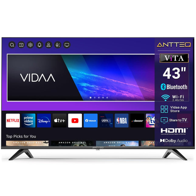Antteq V43-AF3Q1-BT nutiteler 43-tolline (109 cm) televiisor, FHD, Vidaa OS, App Store, Bluetooth-juhtimine, Netflix/Prime Video/DAZN/UVM, WiFi, kolmekordne tuuner (DVB-T2/S2/C), hotellirežiim, 2025