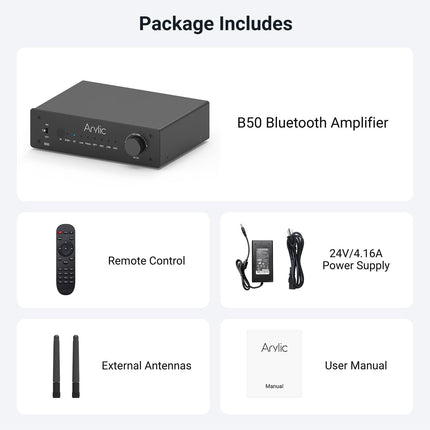 Arylic B50 võimendi Bluetoothiga, stereovõimendi, 2-kanaliga 50W*2 kodukino võimendi, HDMI, ARC, OPT, DAC ja Phono sisendiga. Toetab aptX kõrglahutusega muusika edastamist ja vastuvõtmist.