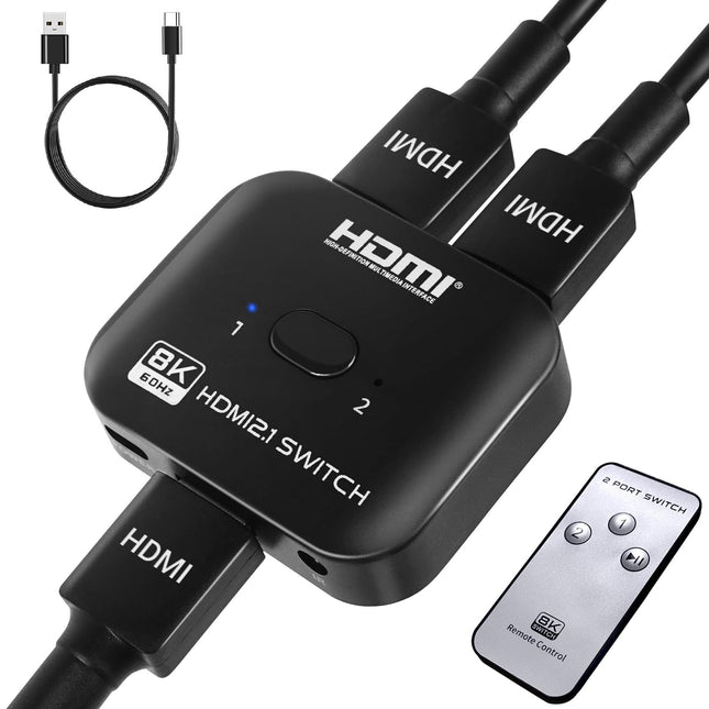 TCNEWCL 8K 60Hz HDMI lüliti 1 sisse 2 väljundit või jaotur 2 sisse 1 väljund toitekaabliga, 4K 120 Hz jaotur teleri/arvuti/sülearvuti/DVD/PS4/PS5/Xboxi/TV-pulga/mänguboksi/Blu-Ray mängija/projektori jaoks